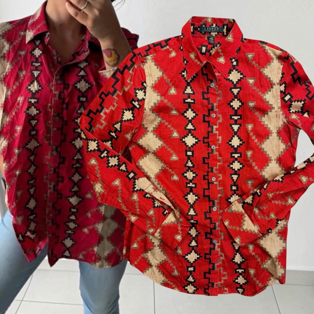 Lauren Ralph Lauren Button Down Southwestern Geometric Red Medium